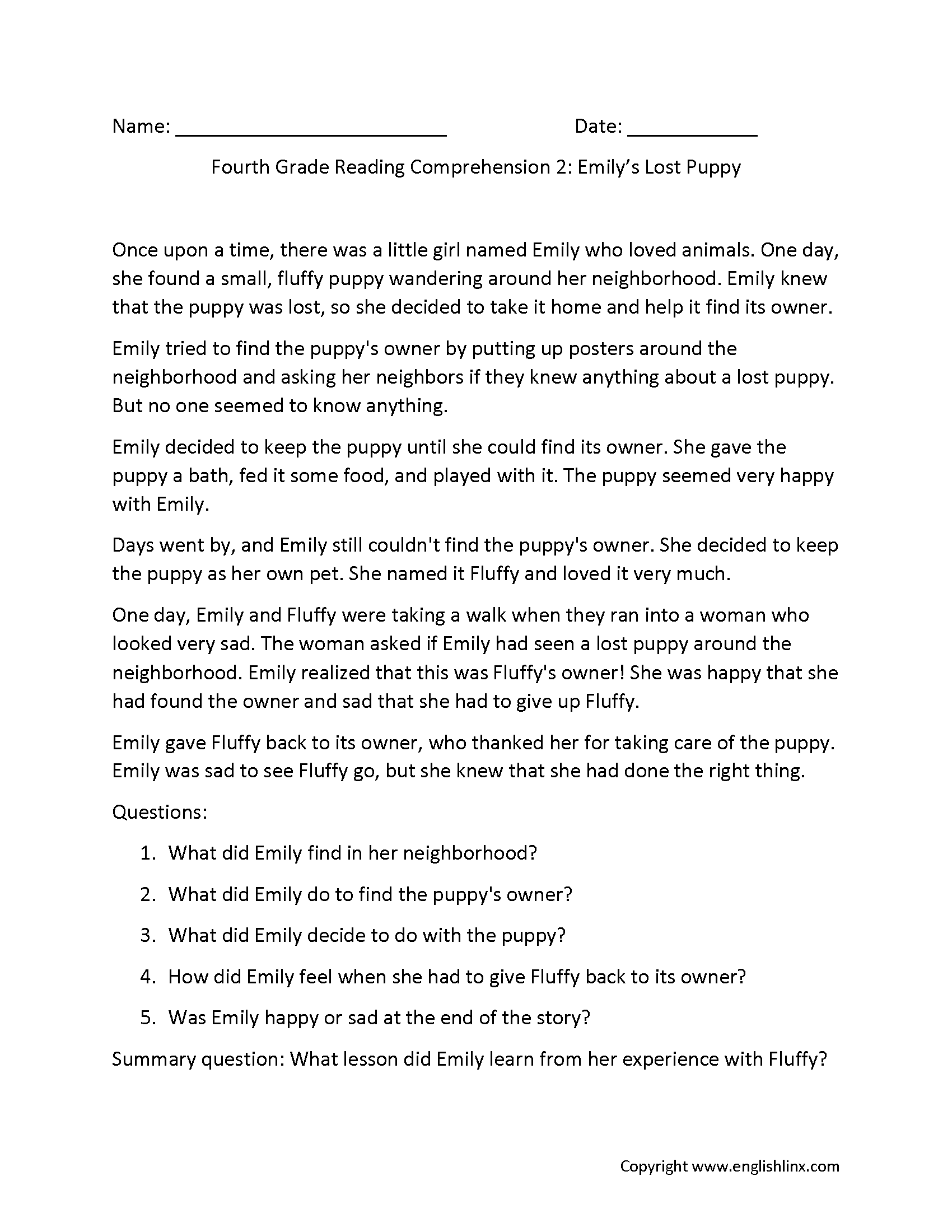 Year 4 Reading Comprehension Worksheets