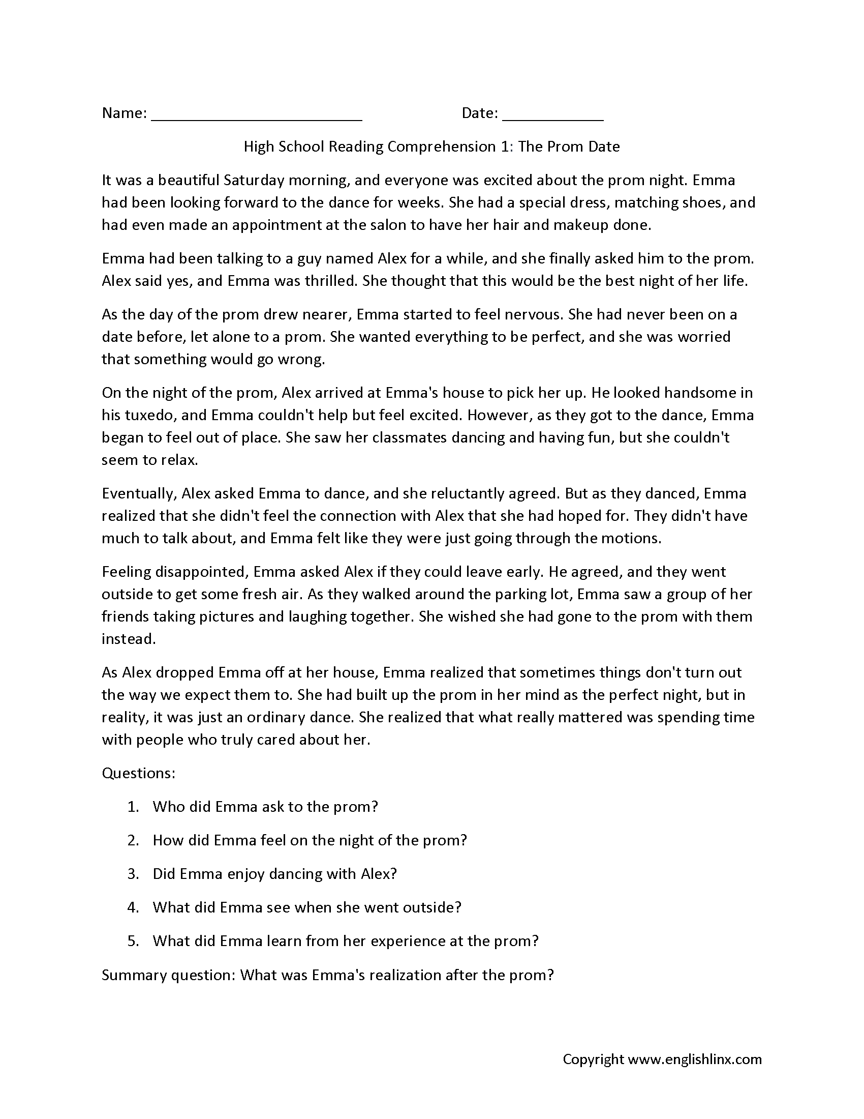 High School Reading Comprehension Worksheets Pdf