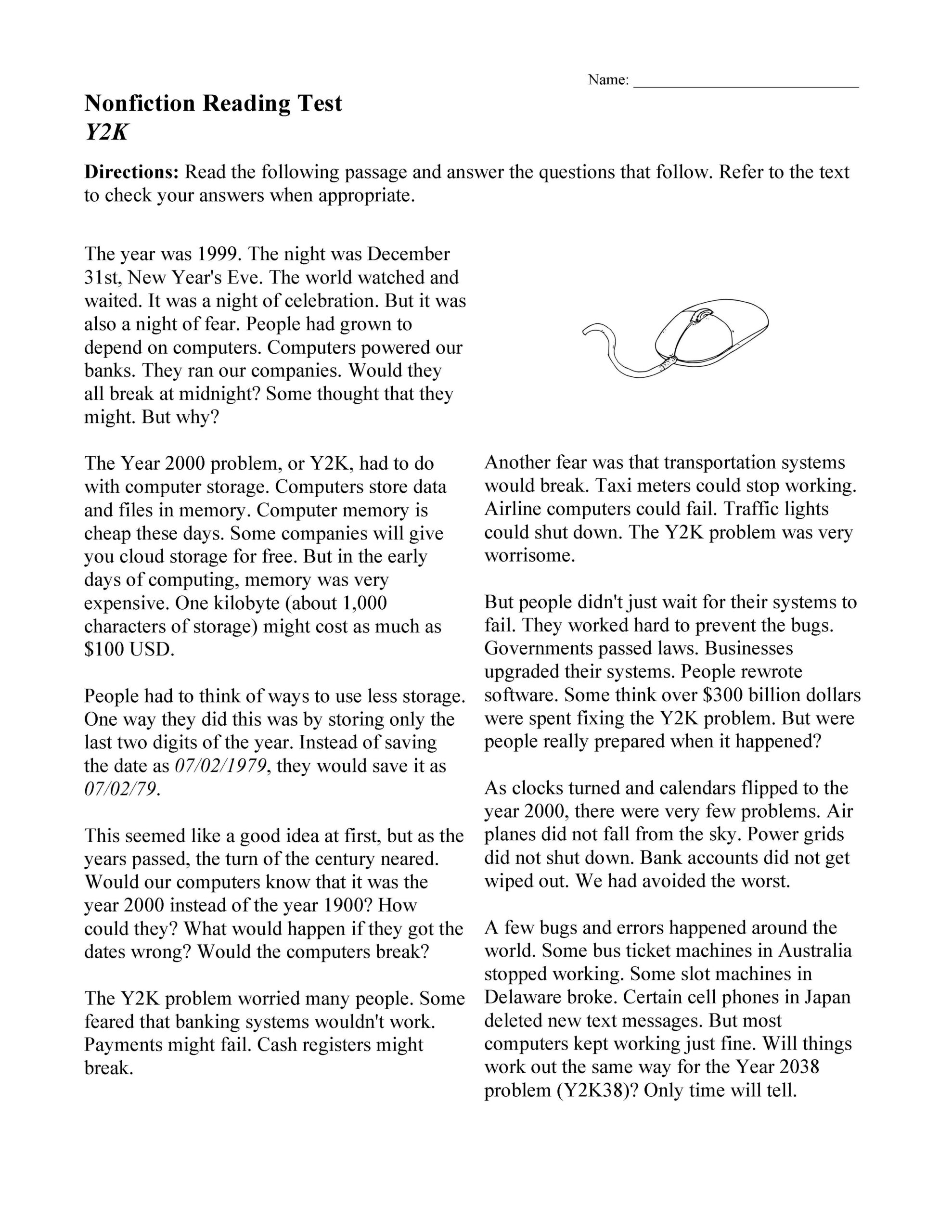 One Page Reading Comprehension Worksheets