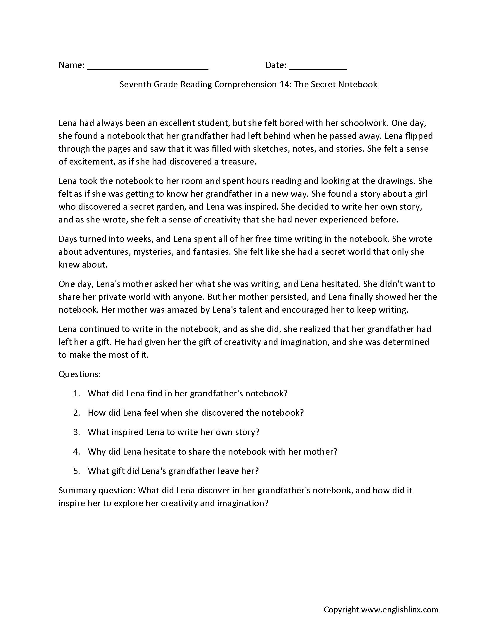 Reading Comprehension Worksheets Seventh Grade Reading 