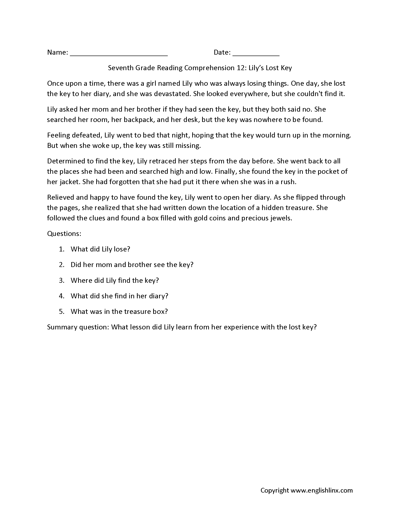 Reading Comprehension Worksheets Grade 7 Free