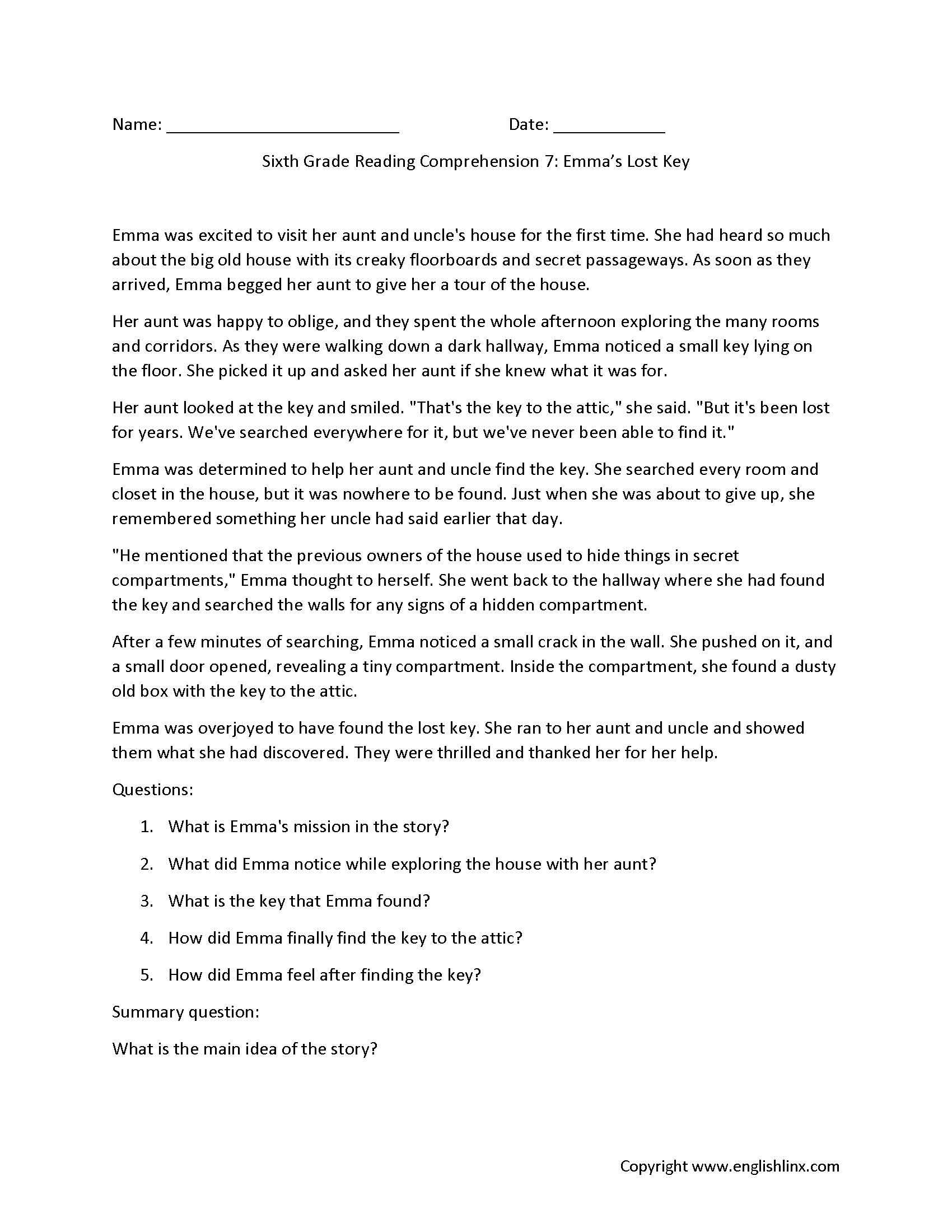 Reading Comprehension Worksheets For 6th Grade