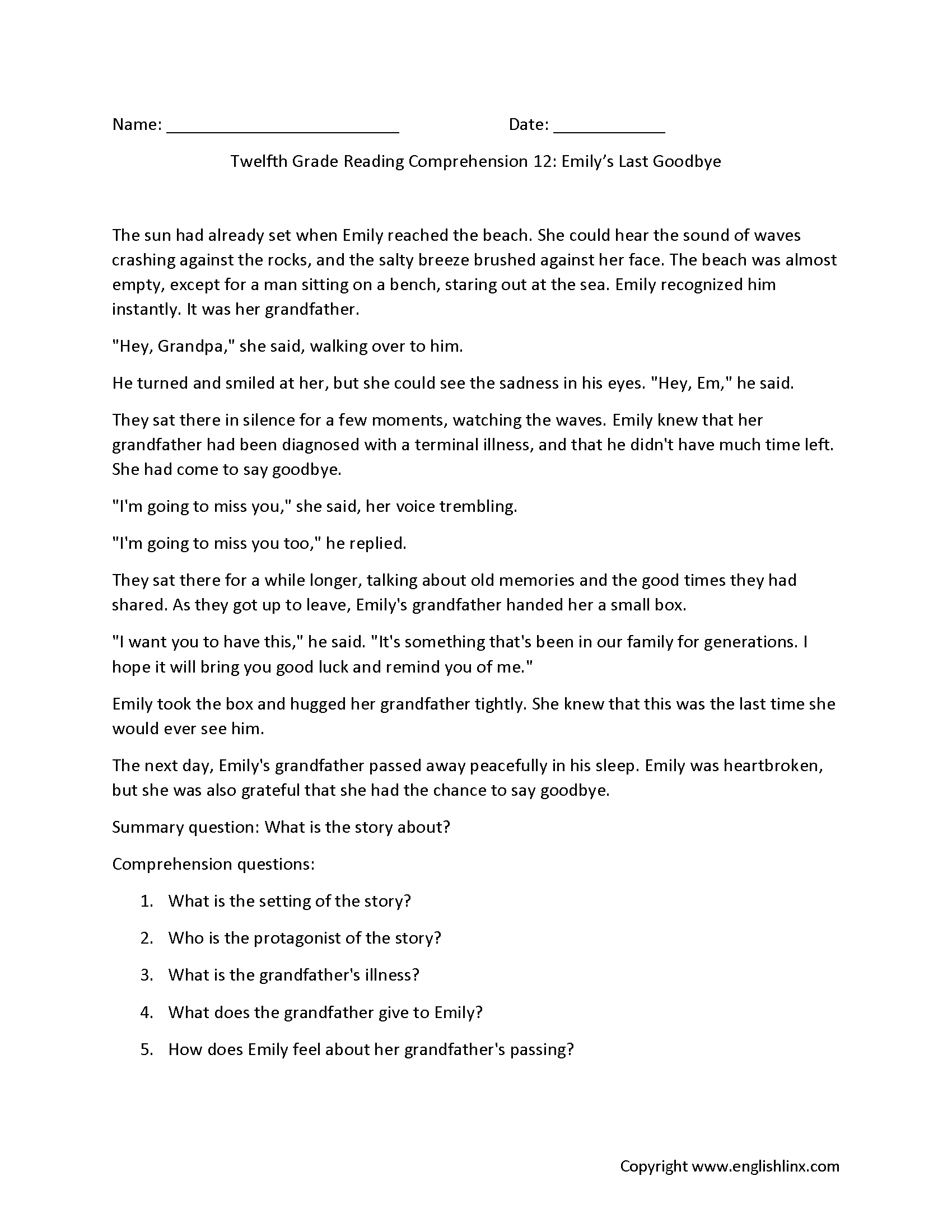 Reading Comprehension Worksheets Twelfth Grade Reading Comprehension Worksheets