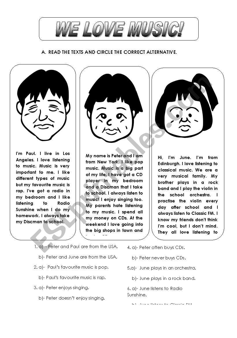 Reading Comprehension Worksheets About Music