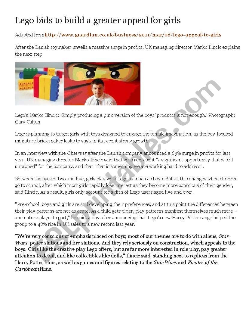 Reading Lego Bids To Build A Greater Appeal For Girls ESL Worksheet By MissBlanche
