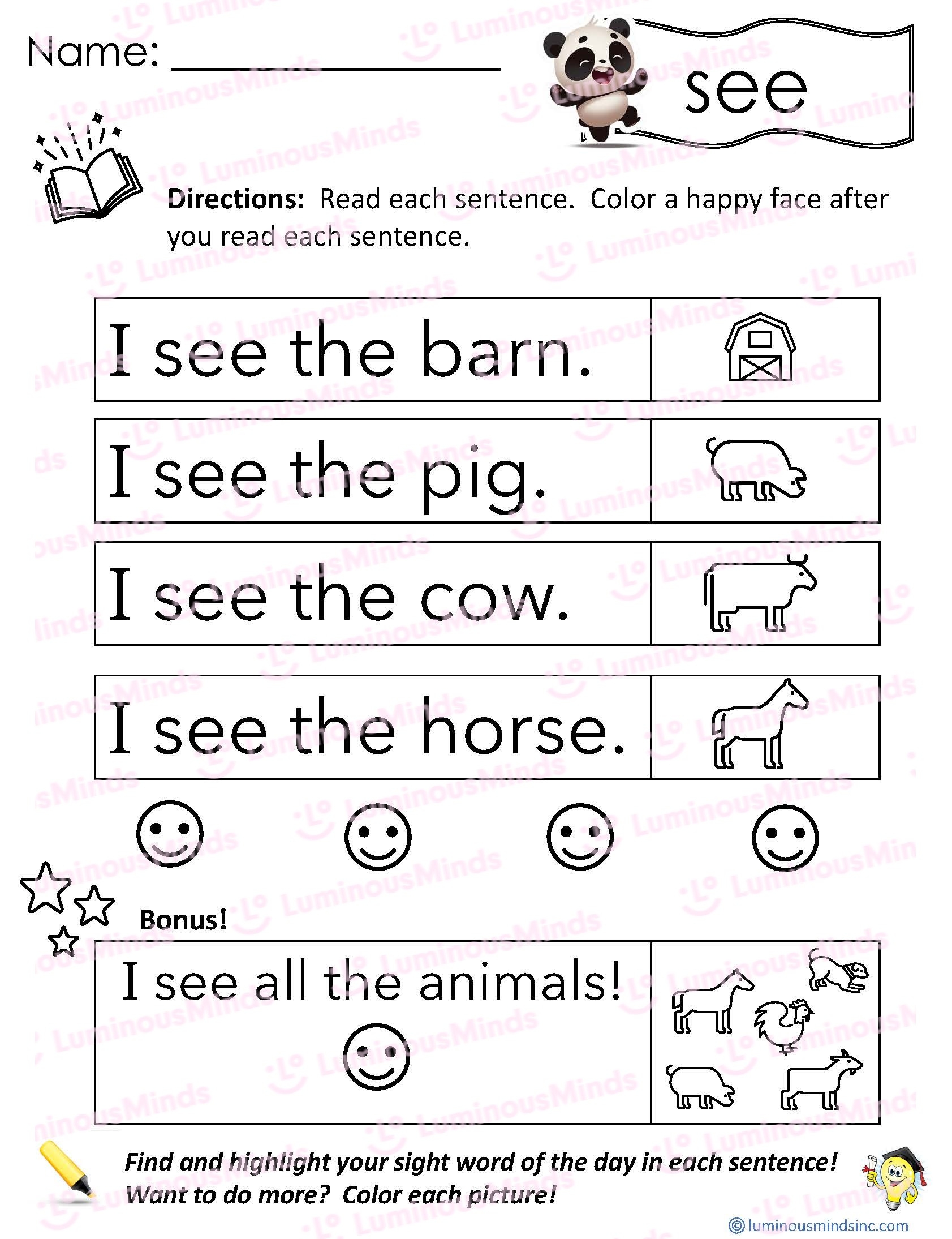 Kindergarten Reading Sight Words Worksheets