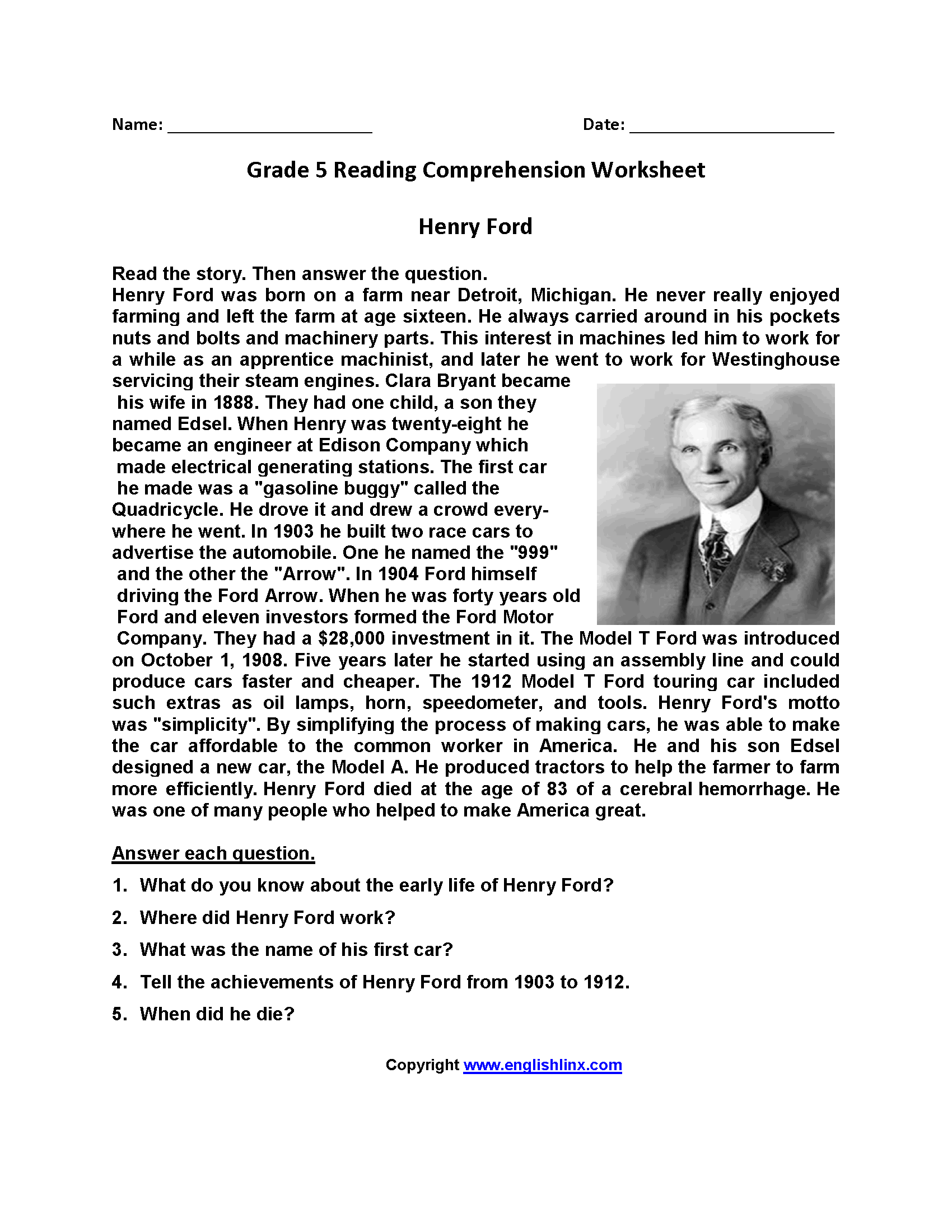 Grade 5 Reading Comprehension Worksheets Pdf