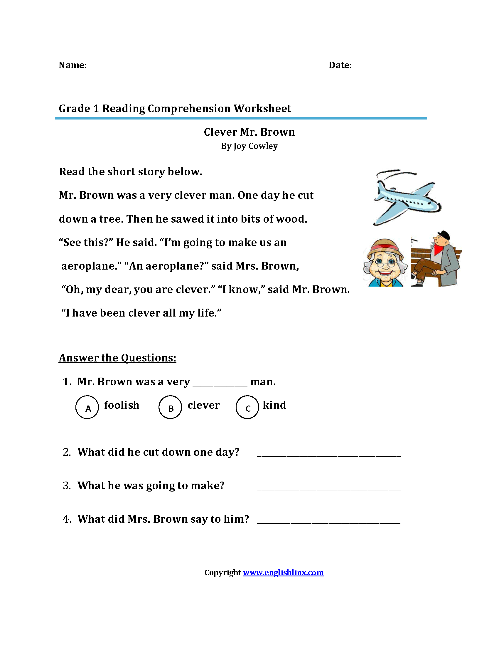 Reading Comprehension Worksheets For 1st Graders