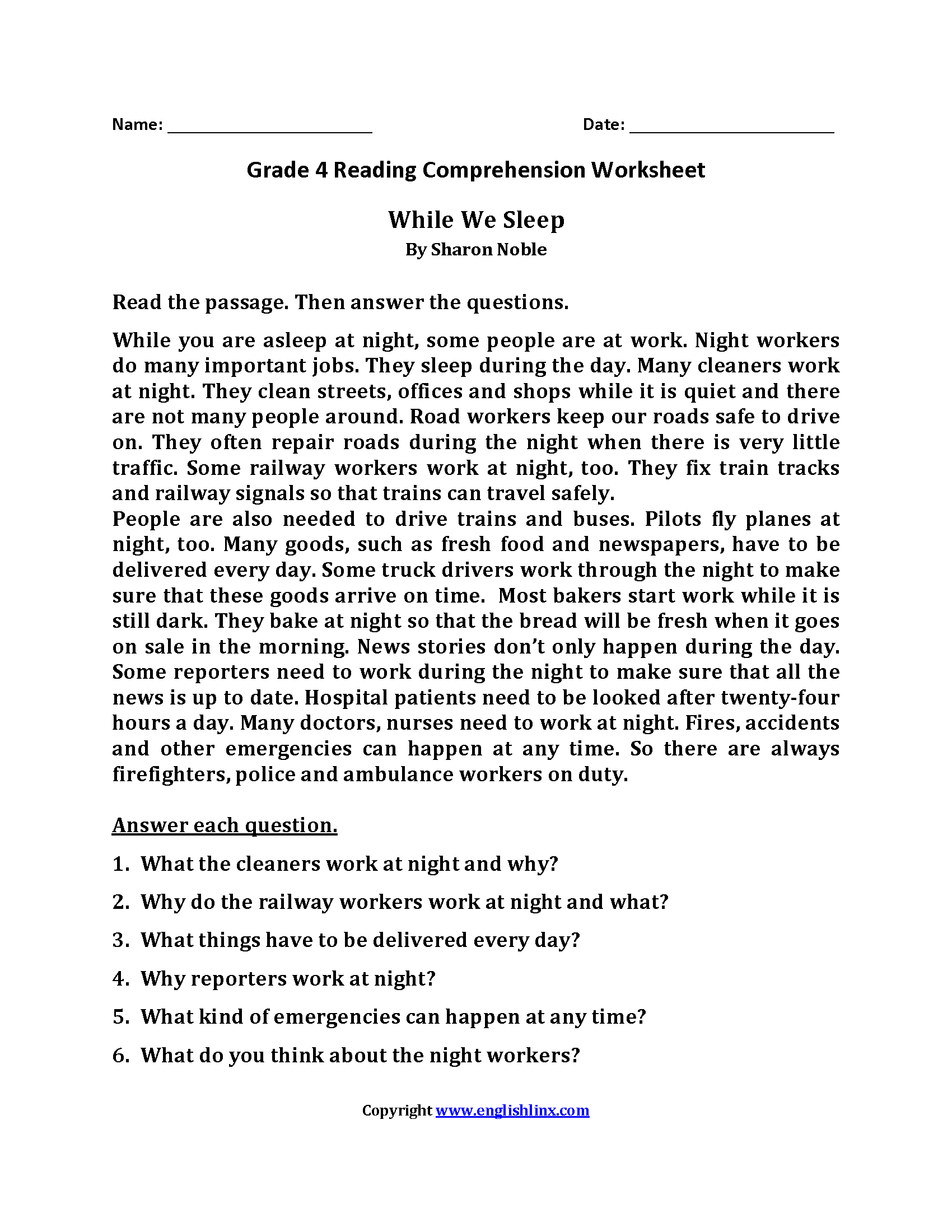 Reading Comprehension Worksheets With Answers Pdf