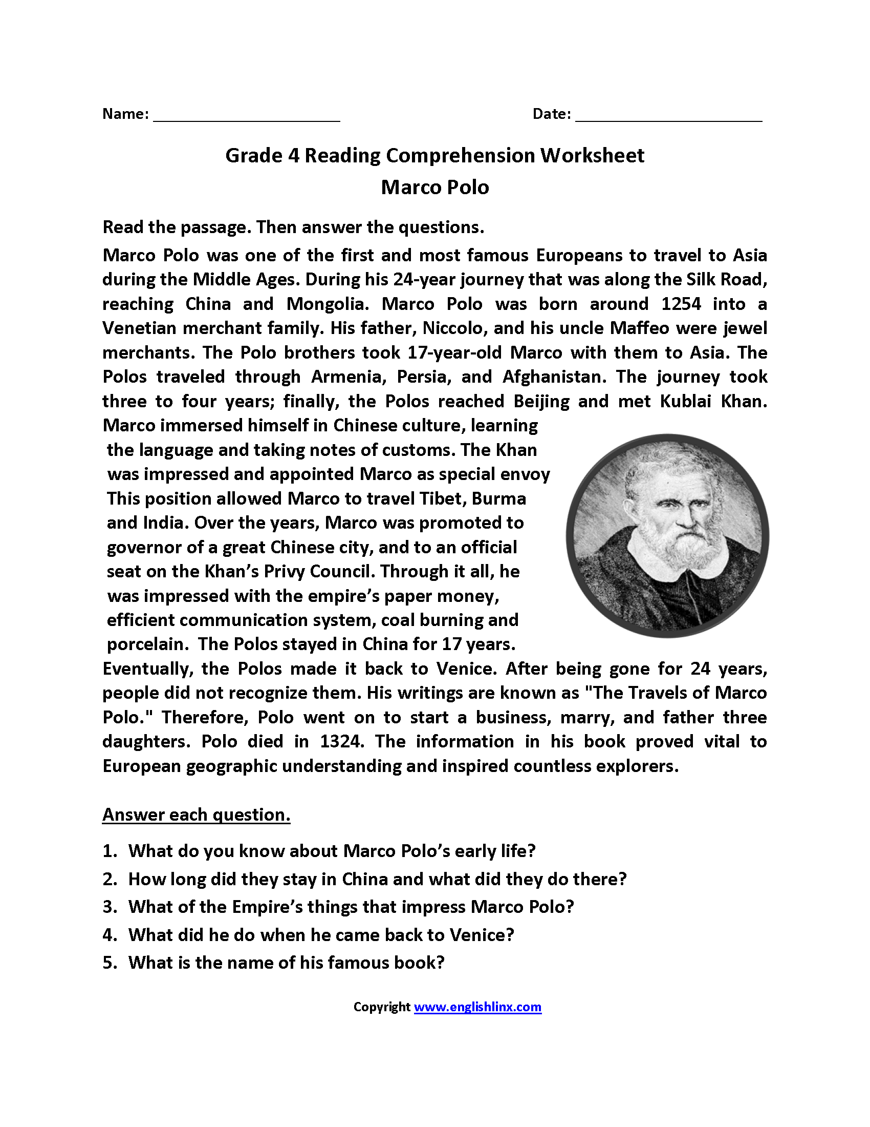 Reading Comprehension Worksheets Grade 4