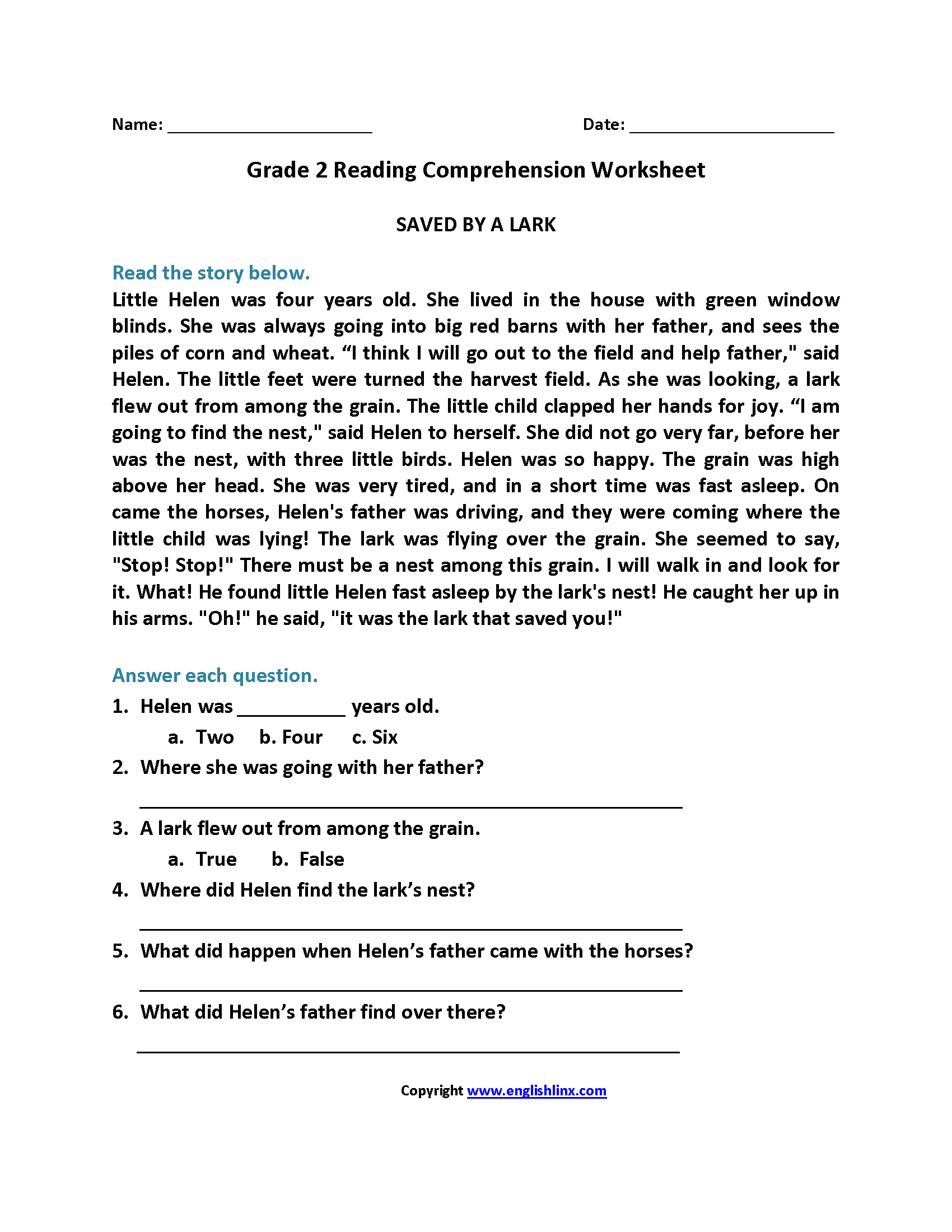 Reading Worksheets Second Grade Reading Worksheets