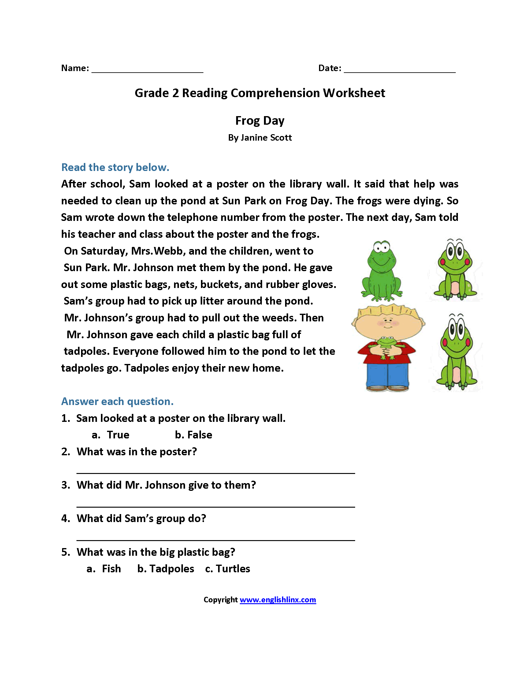 Reading Comprehension Worksheet 2nd Grade Free