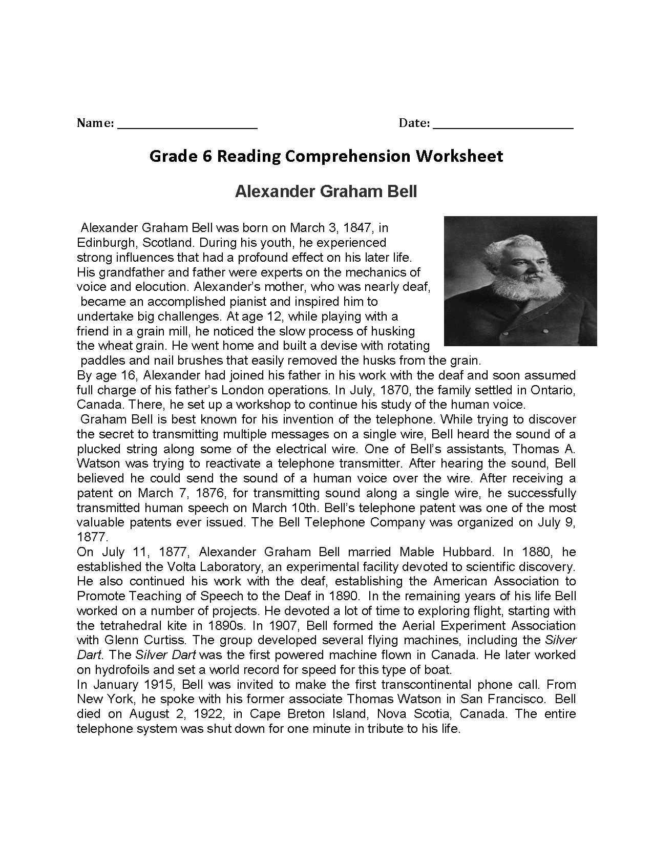 Reading Comprehension Worksheet 6th Grade