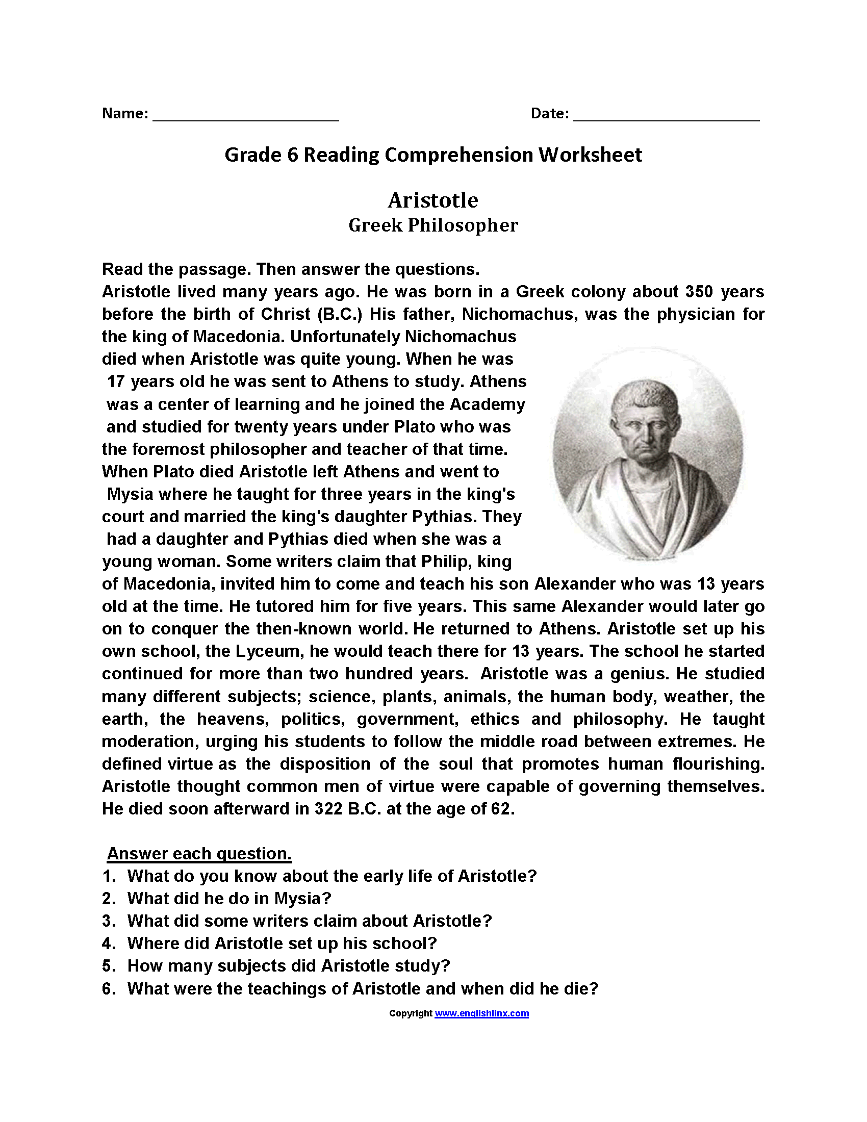 Reading Comprehension Free Worksheets 6th Grade