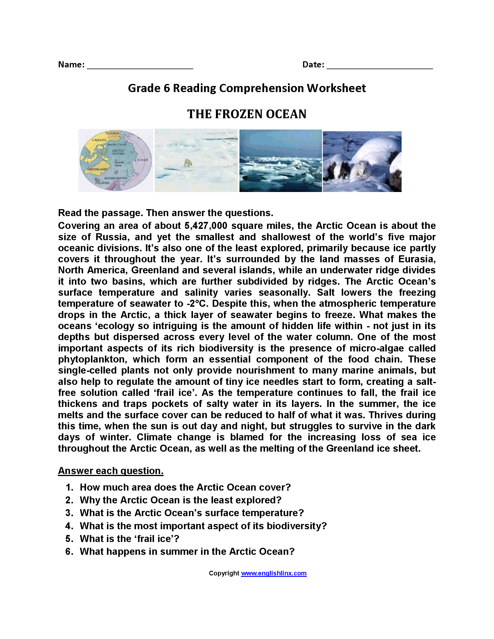 Reading Comprehension Grade 6 Free Worksheets