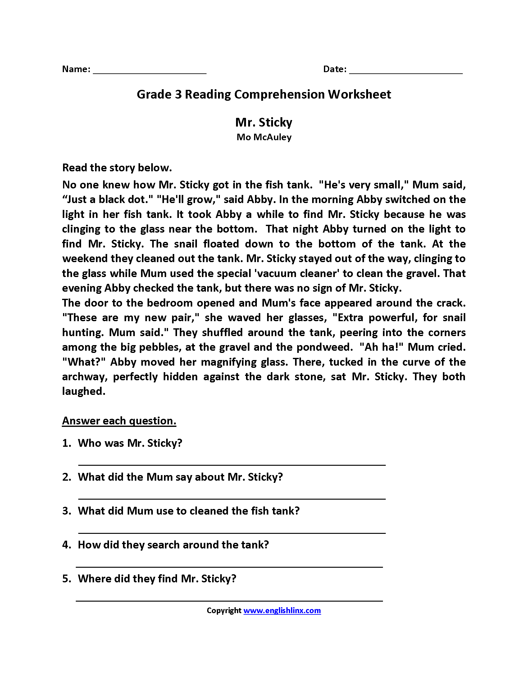 3rd Grade Reading Comprehension Worksheet