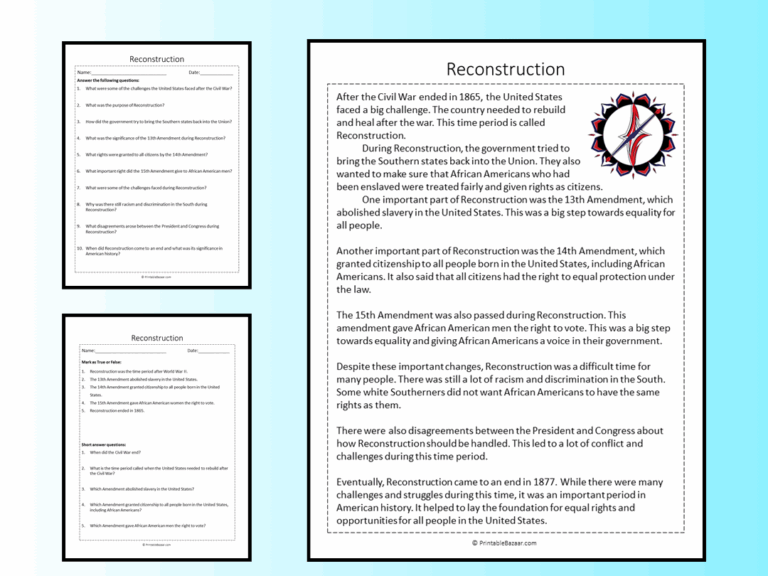Reconstruction Reading Comprehension Passage Printable Worksheet Teaching Resources