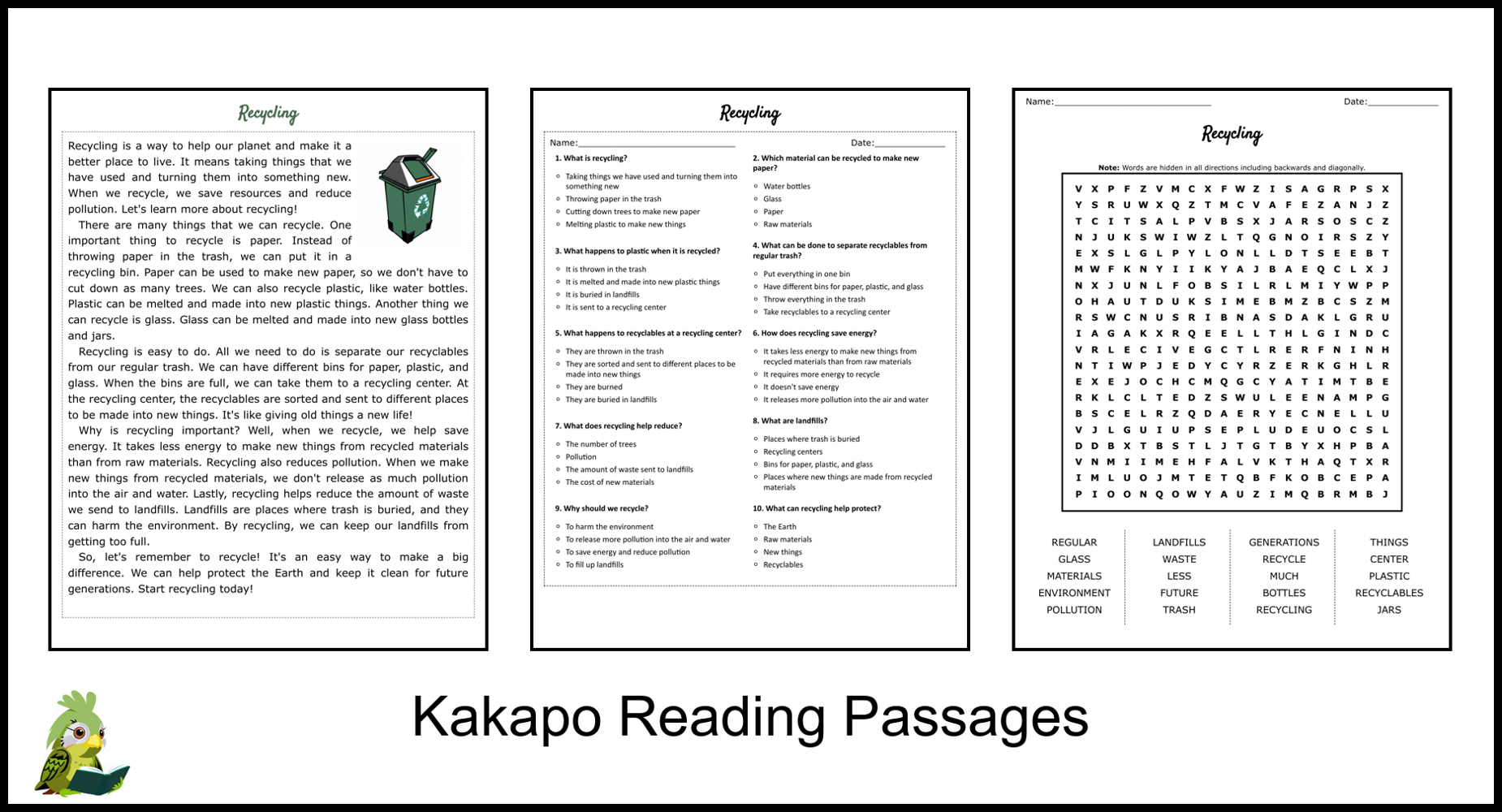 Recycling Reading Comprehension And Word Search Teaching Resources