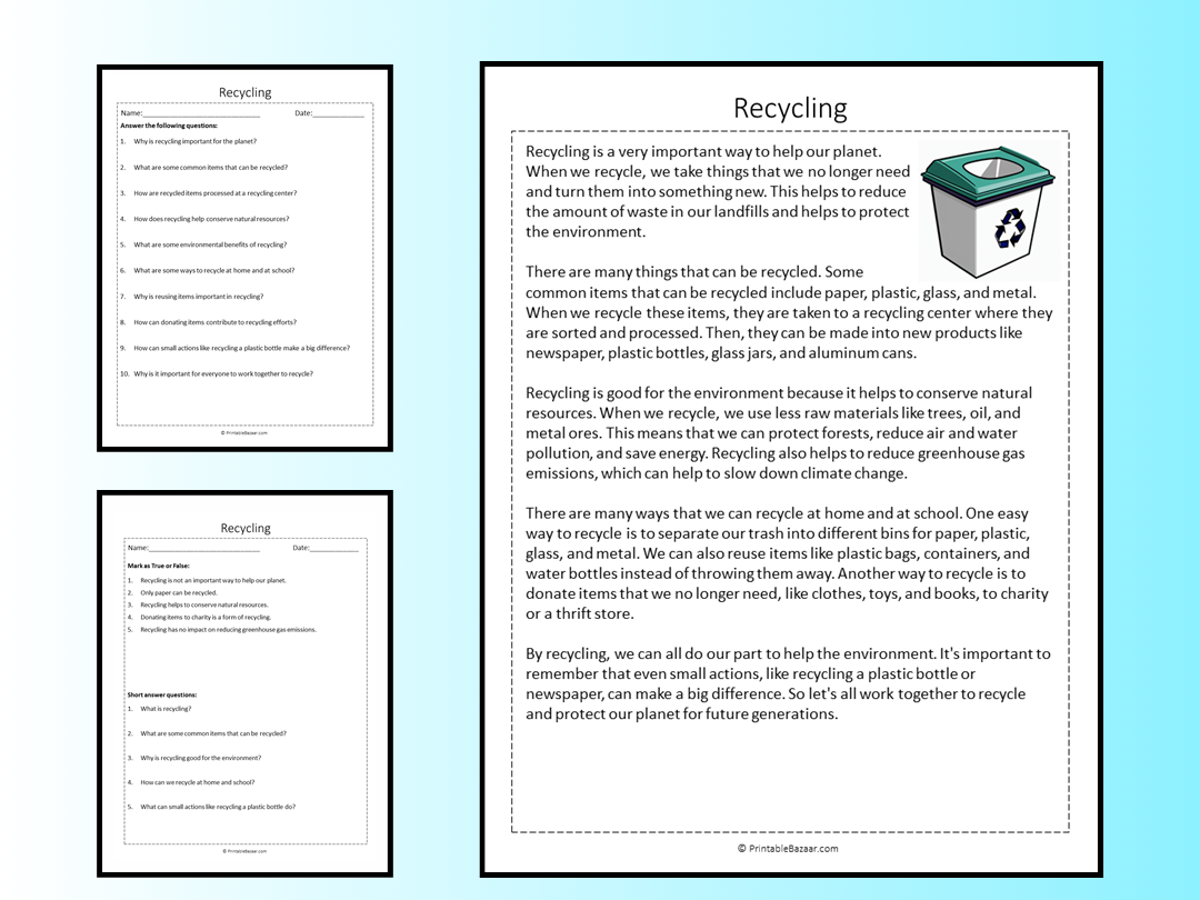 Recycling Reading Comprehension Worksheet