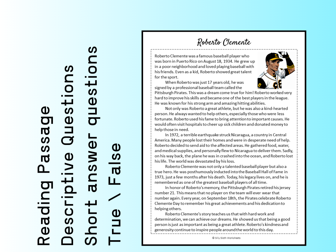 Roberto Clemente Biography Reading Comprehension Passage Printable 