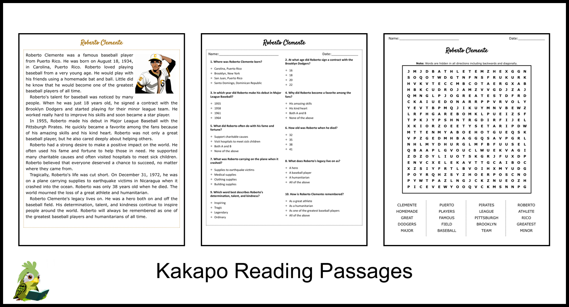 Roberto Clemente Reading Comprehension And Word Search Teaching 