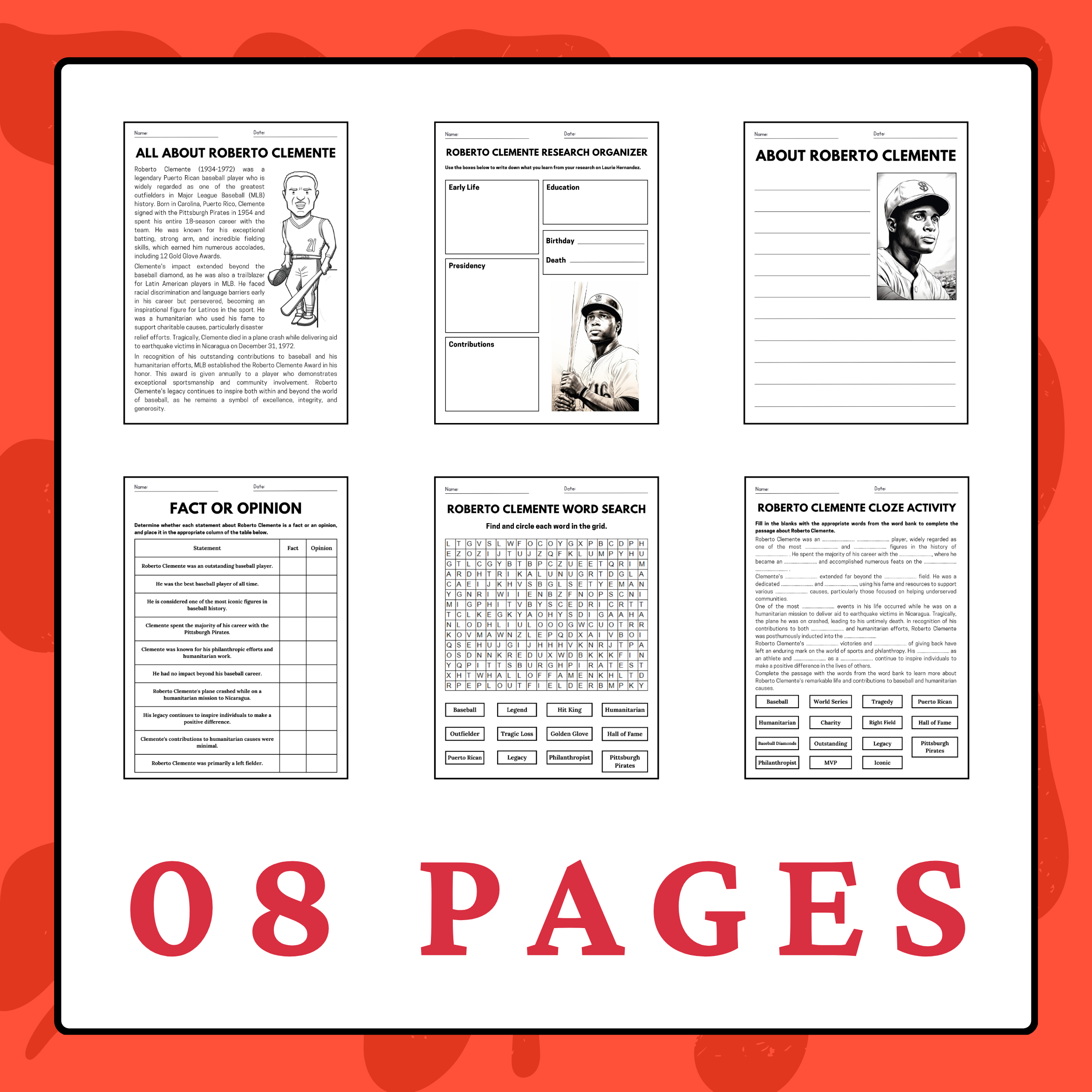 Roberto Clemente Reading Comprehension Worksheets