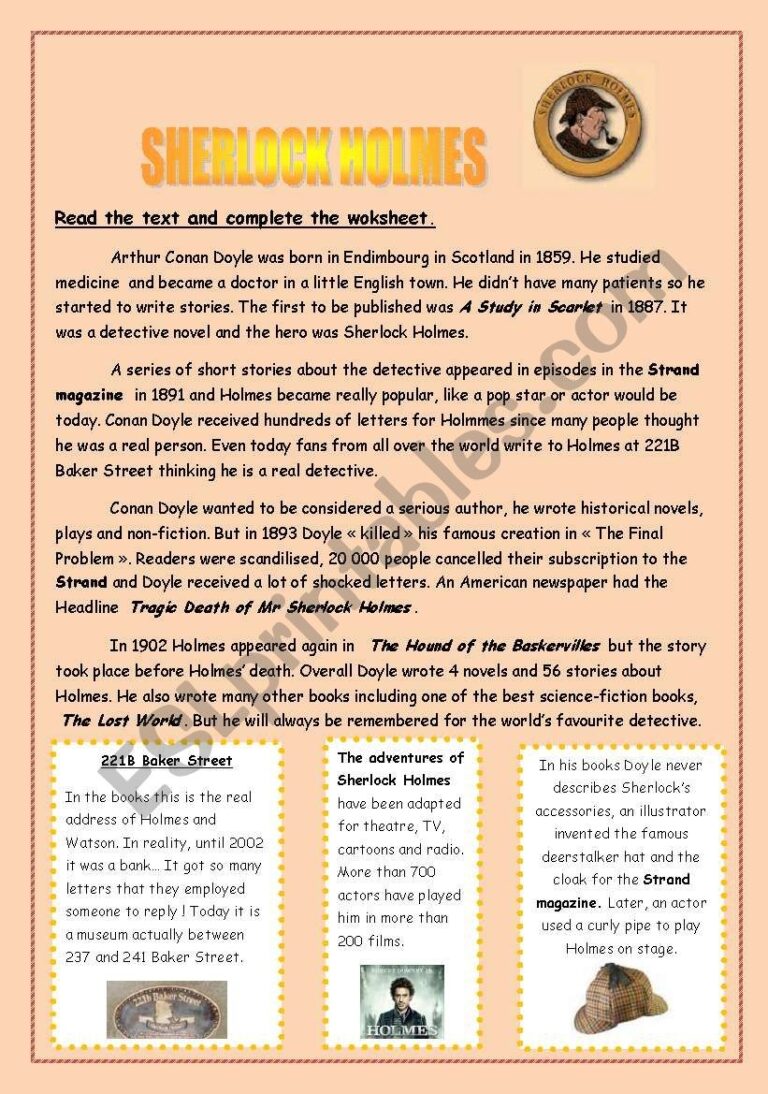 SHERLOCK HOLMES Presentation Reading Comprehension Crosswords ESL Worksheet By Sophie A