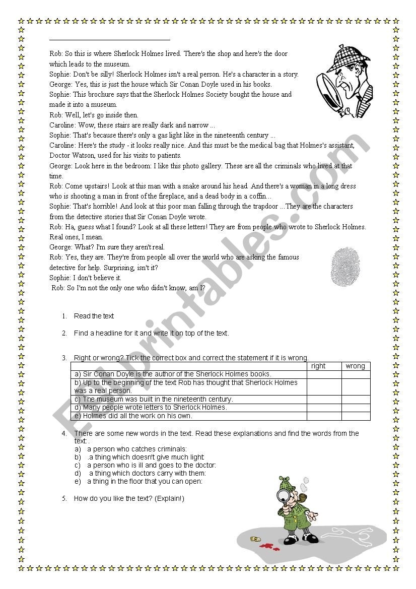 Sherlock Holmes Text Reading Comprehension Tasks ESL Worksheet By Babystudent