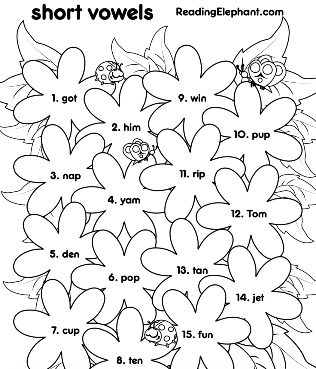 Short Vowel Worksheets For Kindergarten Flowers Pdf Reading 