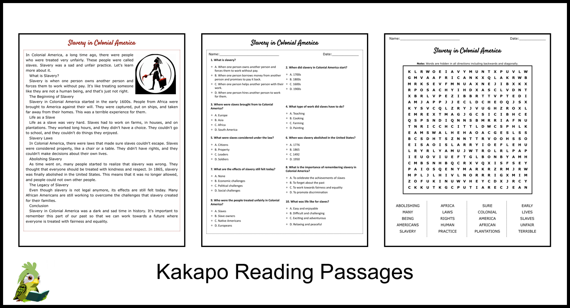 Slavery In Colonial America Reading Comprehension And Word Search 