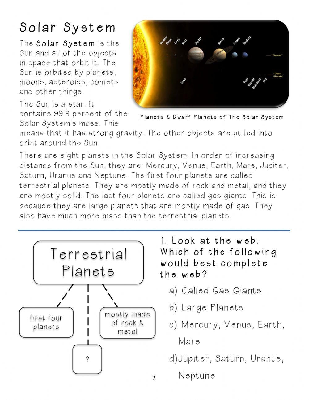 Solar System Reading Comprehension Worksheets