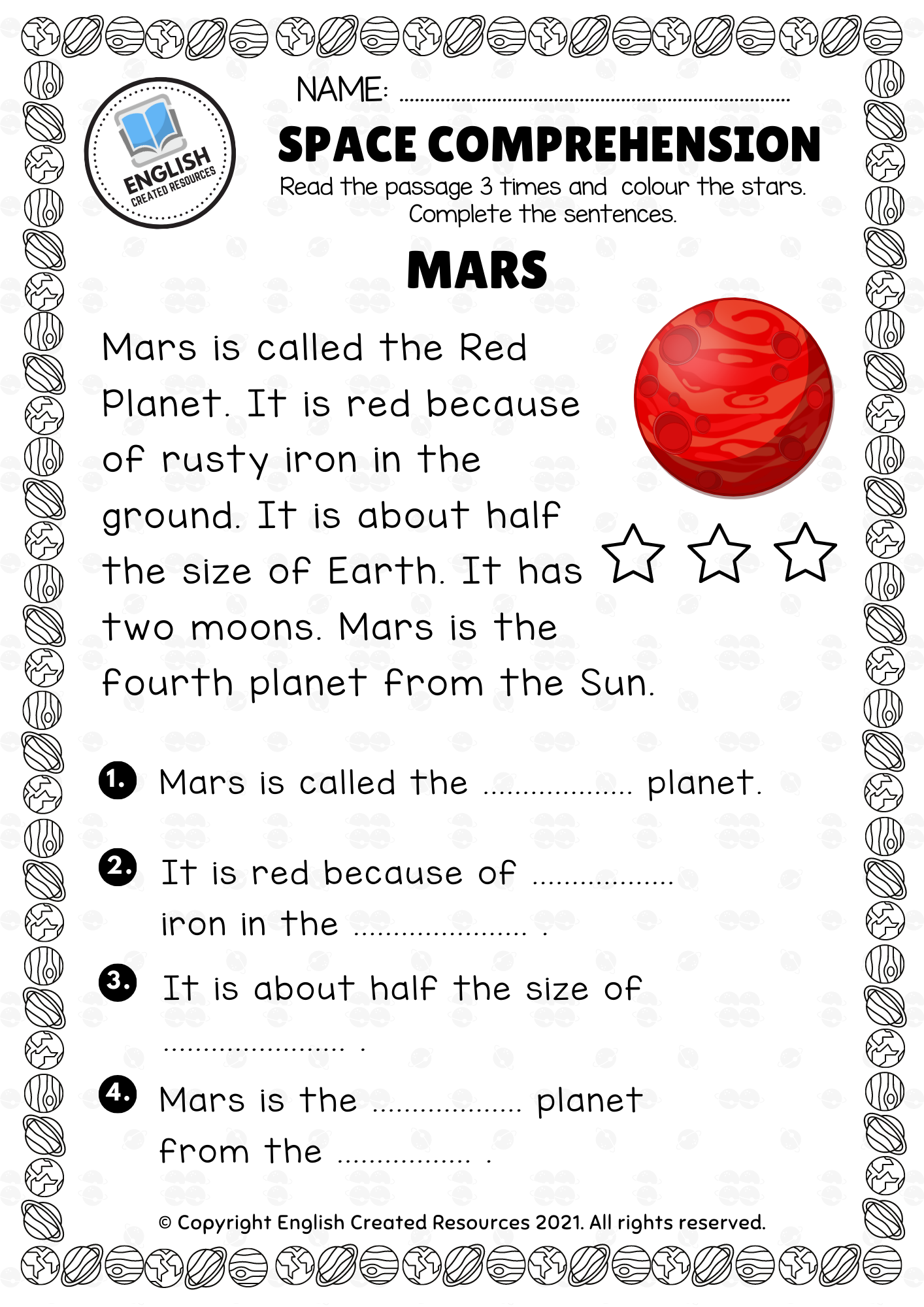 Space Reading Comprehension English Created Resources