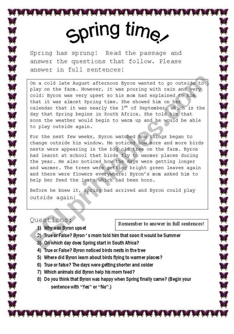 Spring Comprehension ESL Worksheet By Tara lyn