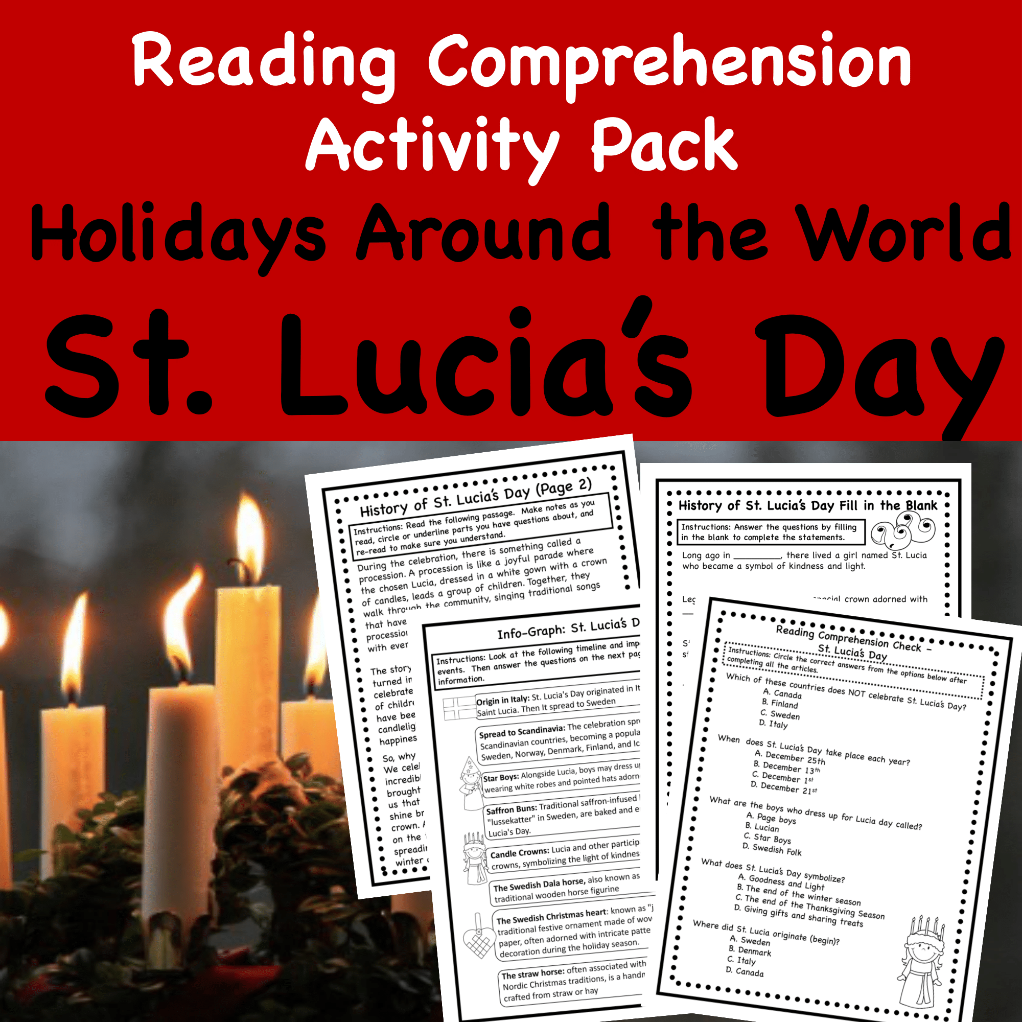 St Lucia s Day Sweden Reading Comprehension Worksheet Pack For 