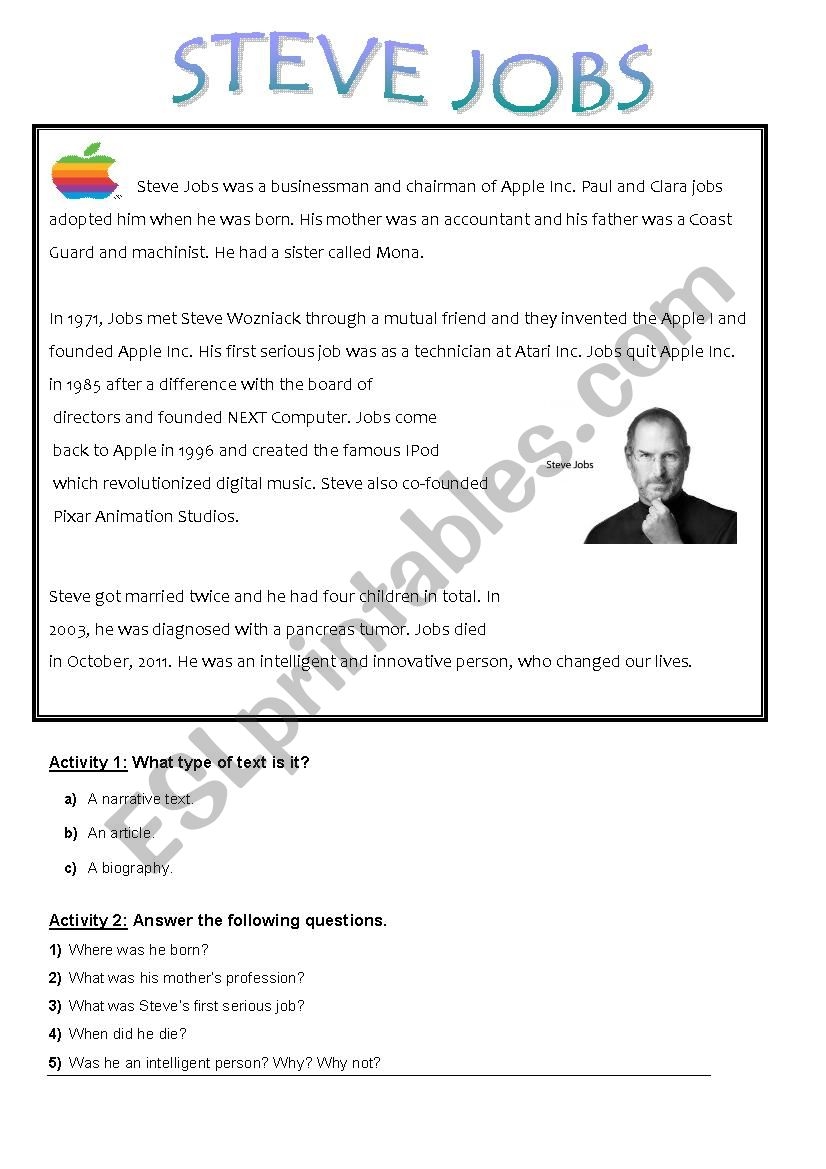 STEVE JOBS ESL Worksheet By Anto11