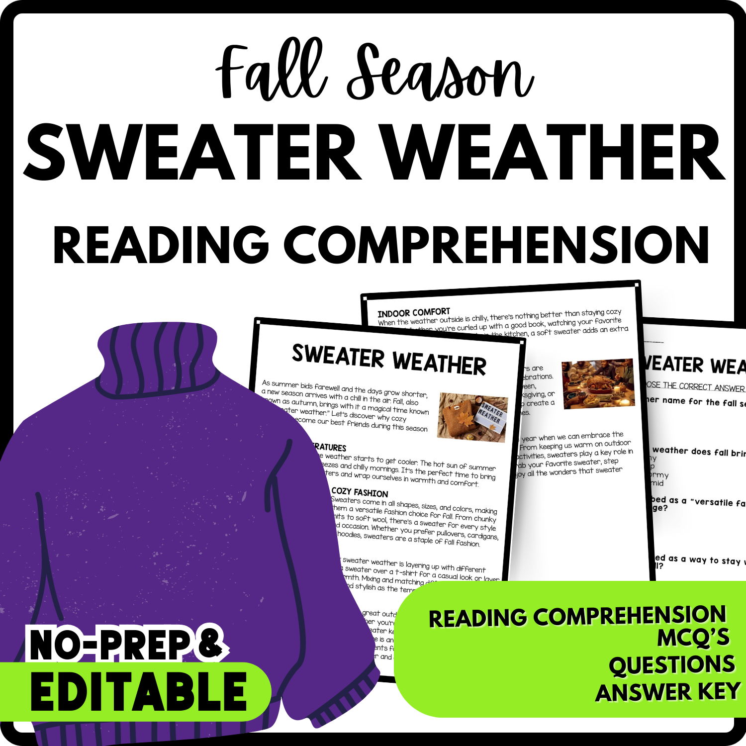 Sweater Weather Reading Comprehension Worksheet Teachers Stock