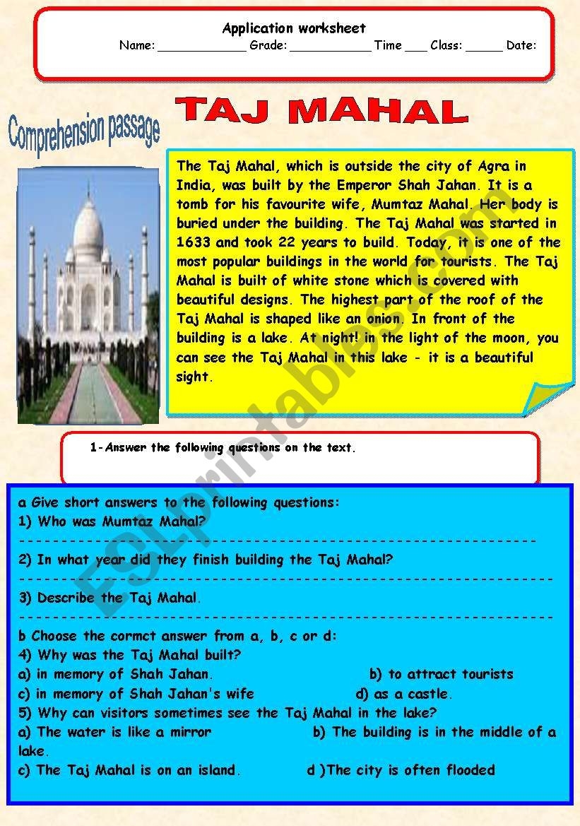 Taj Mahal ESL Worksheet By Adel A