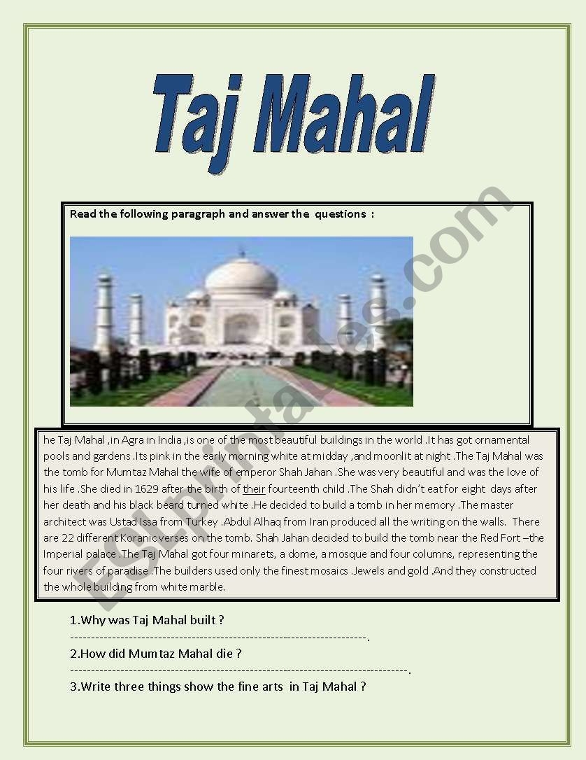 Taj Mahal Reading Comprehension Worksheet