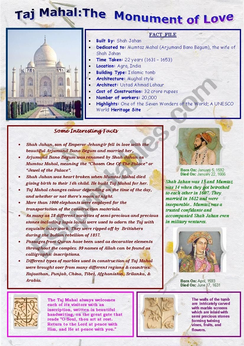 Taj Mahal The Monument Of Love ESL Worksheet By Ananthajyothi
