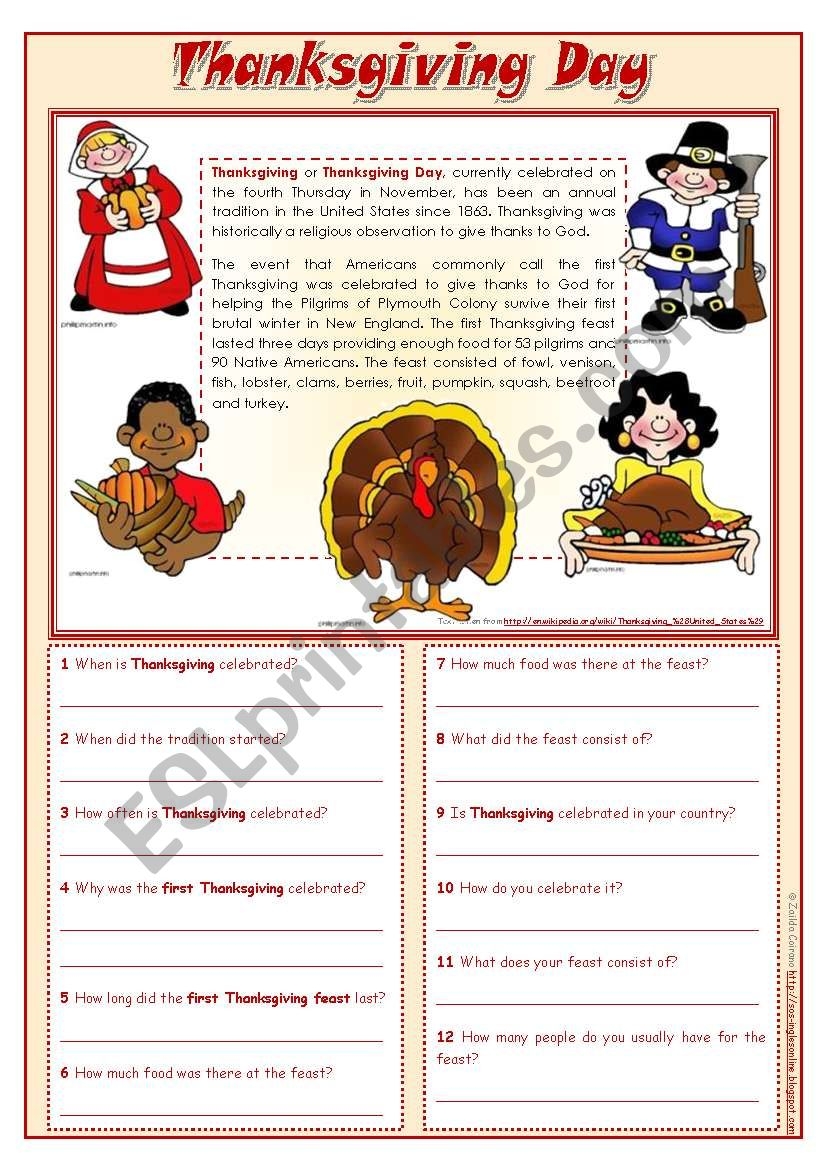 Reading Comprehension Worksheets Thanksgiving