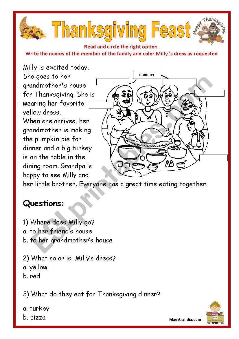 Thanksgiving Worksheets Reading Comprehension