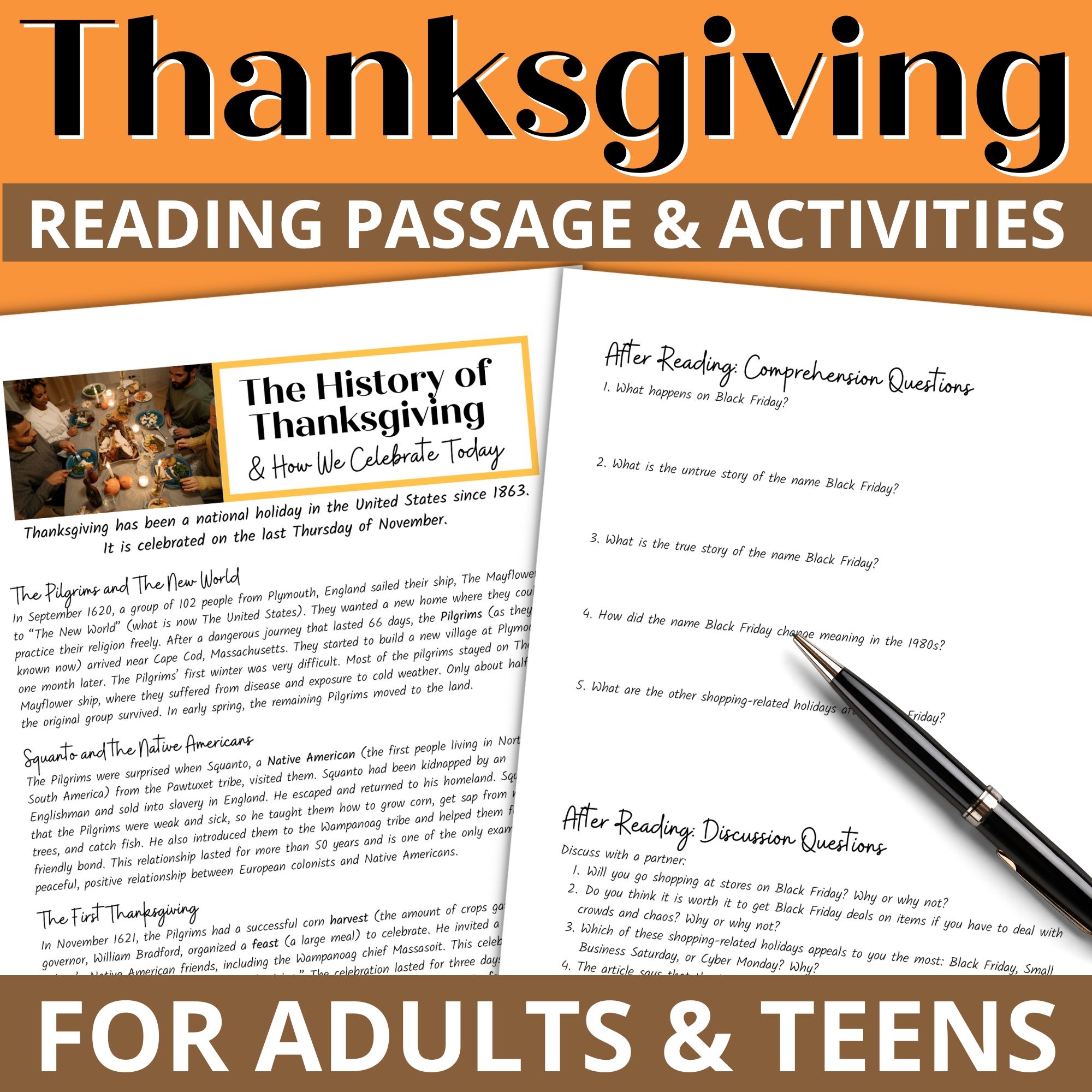 Thanksgiving Reading Comprehension Activities For ESL Adults And 
