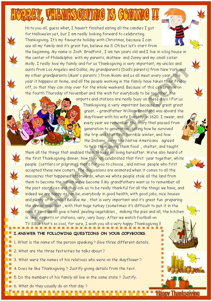 Thanksgiving Reading Comprehension Worksheets