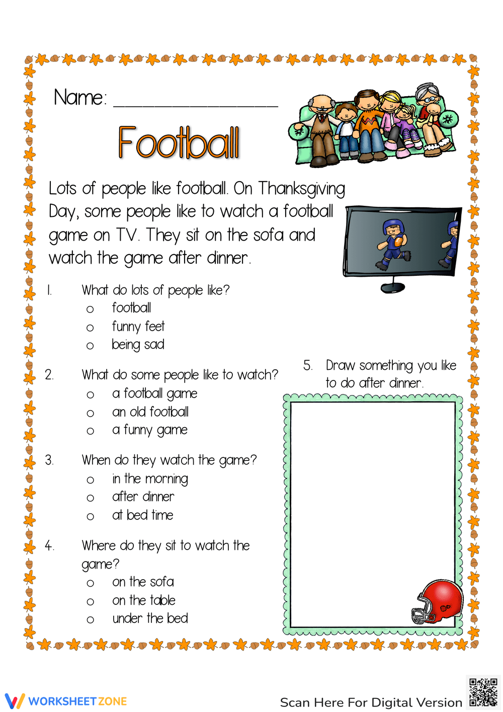 Football Reading Comprehension Worksheets Pdf
