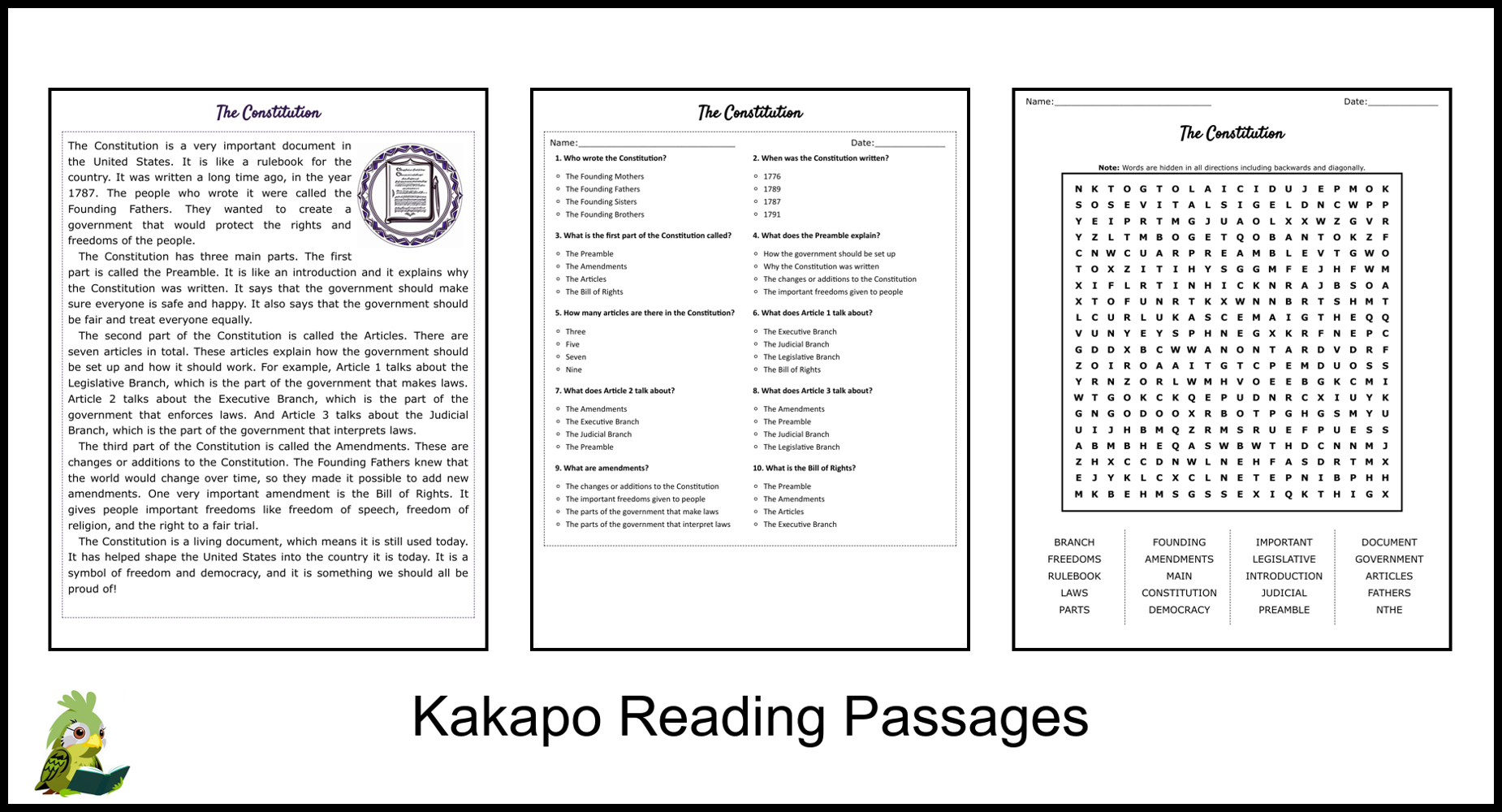 The Constitution Reading Comprehension And Word Search Teaching Resources