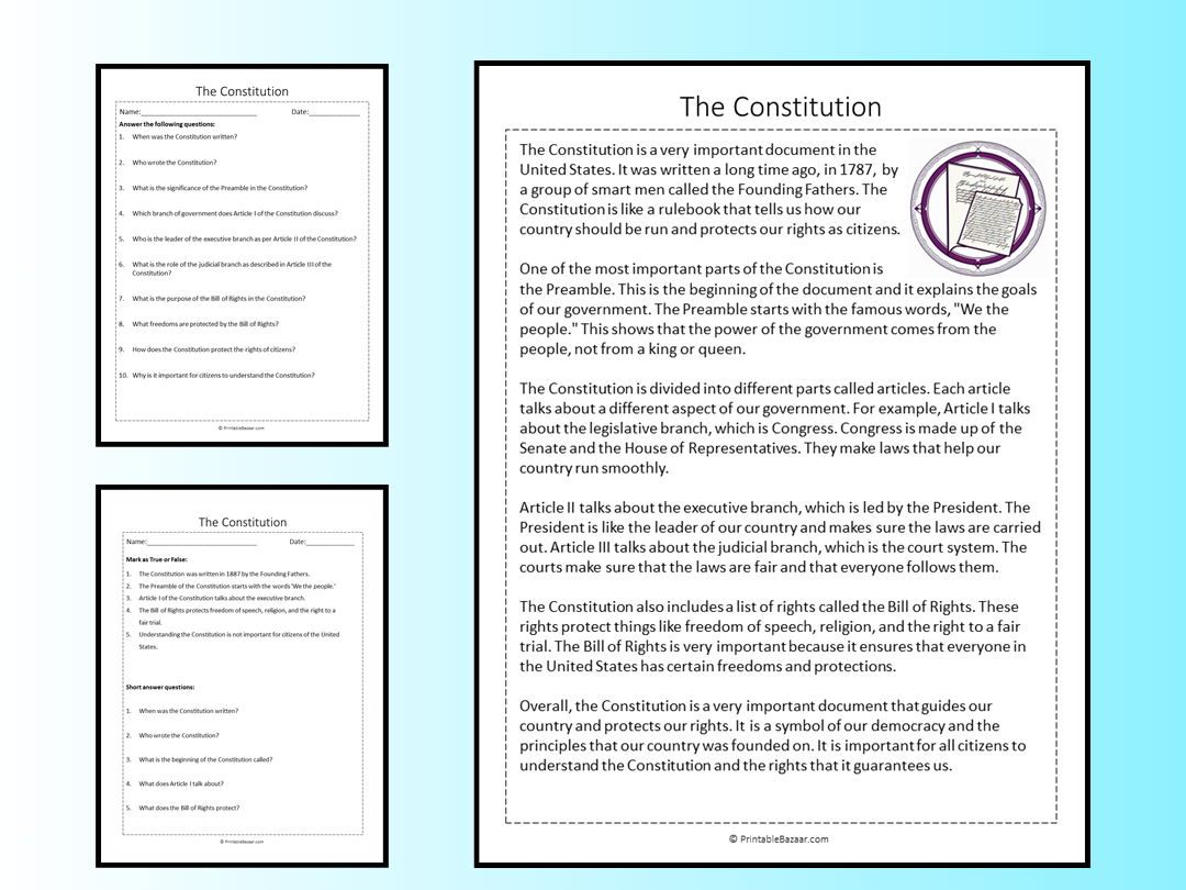 Constitution Reading Comprehension Worksheet Pdf
