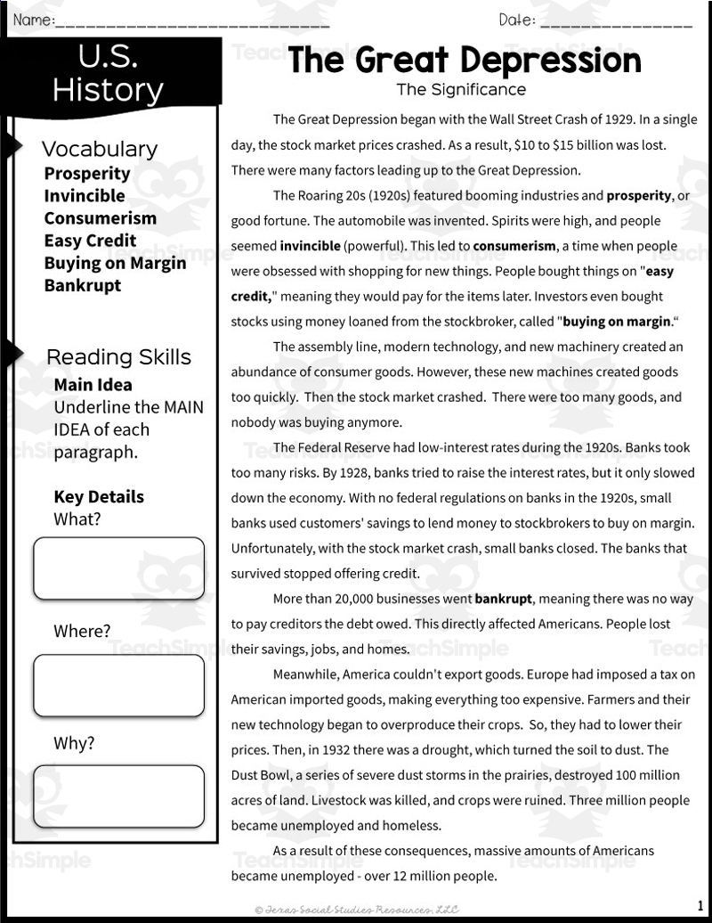 The Great Depression Reading Packet Texas Social Studies 