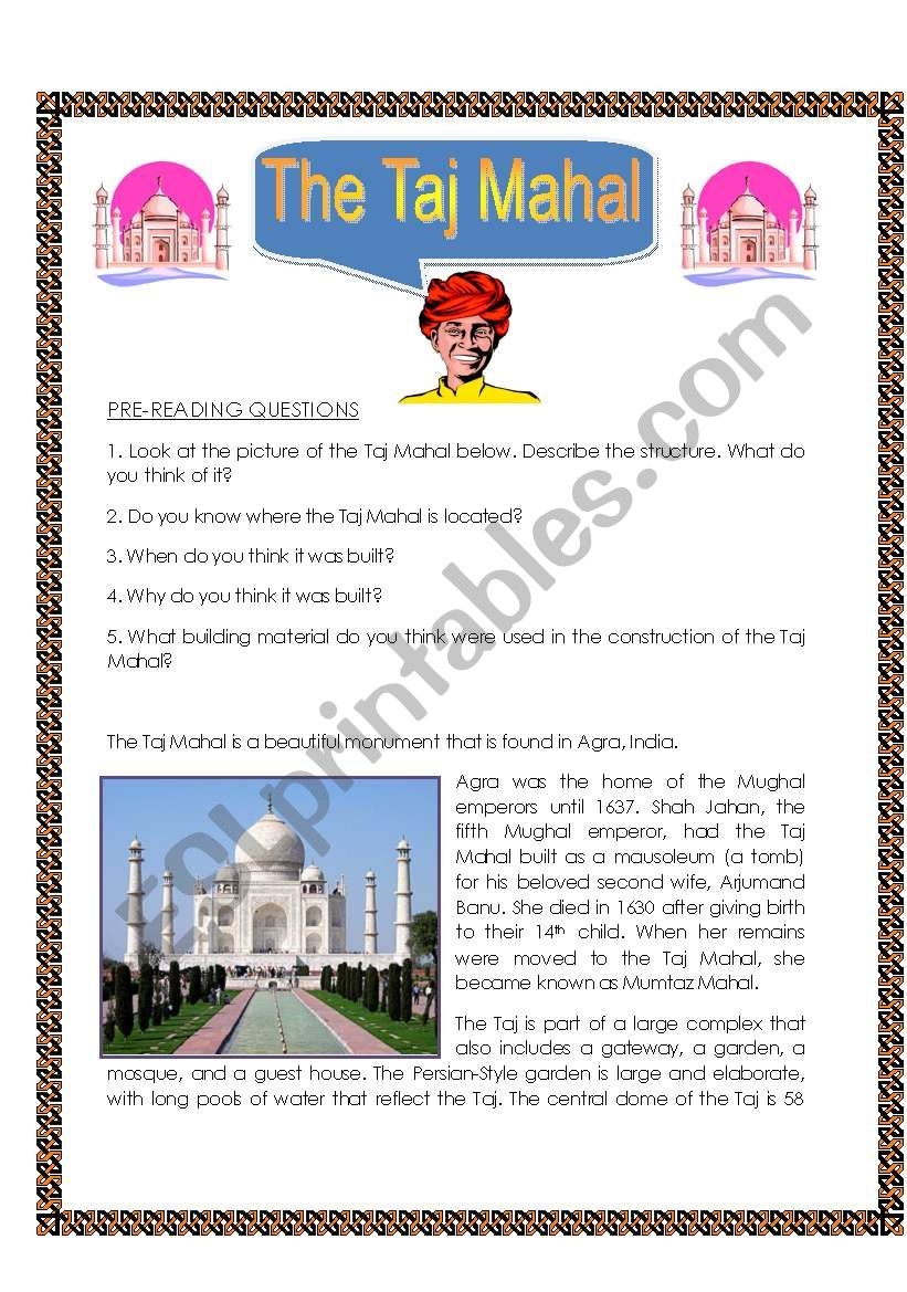 The Taj Mahal Rading Comprehension ESL Worksheet By Zhlebor