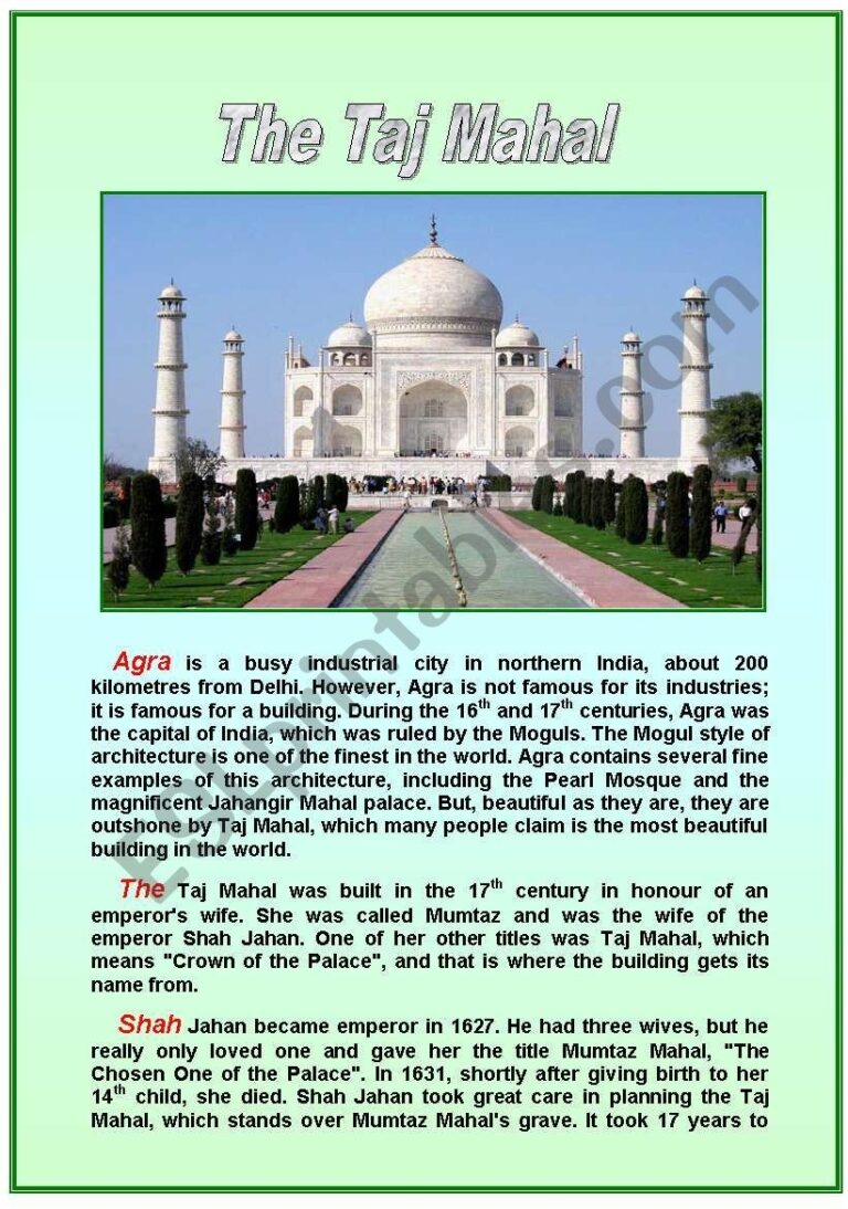 The Taj Mahal Reading Comprehension ESL Worksheet By Profy2007