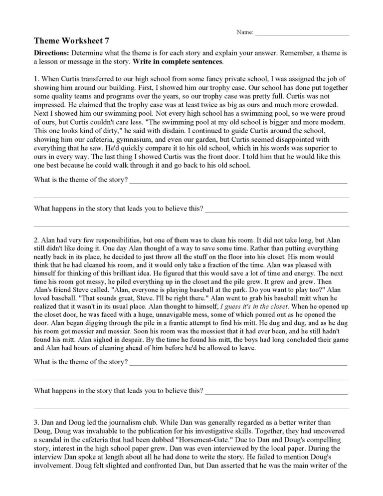 Theme Worksheet 7 Reading Activity